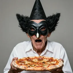 portrait photo of an old wrinkled man, skinny face, bony face, long crooked nose, large gaping mouth, black pulcinella mask, masquerade mask, pointy conical hat, white wrinkled shirt, holding pizza, presenting pizza, close - up, skin blemishes, menacing, intimidating, masterpiece by jimmy nelson