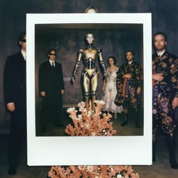 polaroid still symmetry frame from The Matrix movie by Takashi Murakami, from Pan's Labyrinth (2006) by James Stokoe, bionic life rising from scratch, dressed by Salvatore Ferragamo and by Chanel, haute couture painted by Peter Paul Rubens and by John Baeder, editorial fashion photography from vogue magazine, in coral stalagmite by Jean-Michel Basquiat