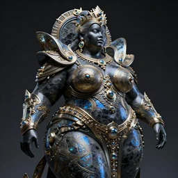 intricate detailed holographic sculpture of futuristic fat curvy black empress, stone and glass, gorgeous, high contrast, blue gold and black