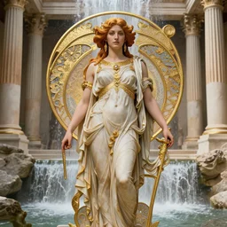 Ana de armas as the Roman goddess of the waterfall, a beautiful art nouveau portrait by Gil elvgren, Roman temple environment, centered composition, defined features, golden ratio, gold jewlery, photorealistic professional lighting, cinematic