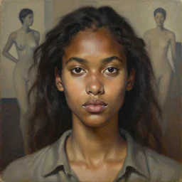 detailed portrait in femininity, realistic face sculpted features, ethnic, exotic, melanin, deep clear eyes, statuesque, warm glowing skin, wild hair, collared shirt, chiaroscuro, tangible, angular impressionism, ambient, arabesque backdrop, contemporary, modern fashion, natural colors, oil on canvas