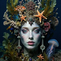 hyperrealistic detailed underwater face portrait of the beautiful god of the fish with an intricate headgear of corals, sea kelp, sea plants, fish, starfish, jellyfish, art by ernst haeckel, hieronymus bosch, gothic, neo - gothic, ornamental, beautiful deep colours,