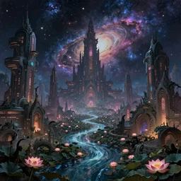 beautiful cosmic fantasy landscape with gothic futuristic cyberpunk city filled with technological wonders, a river filled with lotus flows through the cyberpunk city, the sky is filled with stars and cosmic nebulae, atmospheric lighting, painted, intricate, volumetric lighting, beautiful, rich deep colours masterpiece, sharp focus, ultra detailed, in the style of Dan Mumford and marc simonetti