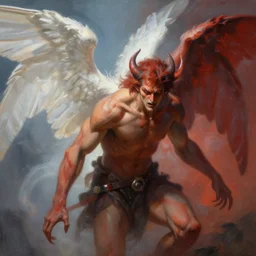 demon afraid of an angel painting, good vs evil, highly detailed, digital painting, smooth, beautiful angle, weak demon, sharp focus, illstration, ultra realistic, dmon vs angle, heaven vs hell, 8 k, strong and powerful angle, confident angle
