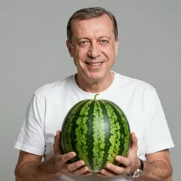 recep tayyip erdogan smiling holding watermelon for a 1 9 9 0 s sitcom tv show, studio photograph, portrait