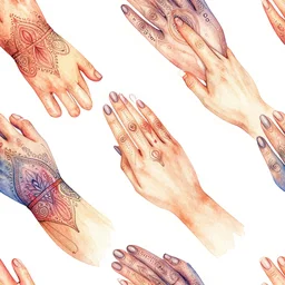 a seamless pattern of colorful watercolor elaborate and detailed human hands