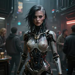 ultra realistic, beautiful female cyborg, in a crowded smoky cyberpunk club, in space metropolis, portrait, sci-fi, intricate details, eerie, highly detailed, octane render, 8k, art by artgerm and alphonse mucha and moebius