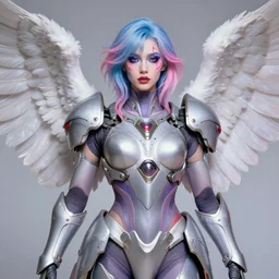 portrait of a futuristic angel, wearing battle armour and makeup, blue, light pink, purple and red color scheme. highly detailed, artgerm, cushart krenz, artstation, soft light, sharp focus, illustration, character design, concept art