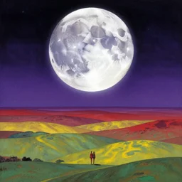 the waning colossal cosmic moon god setting over vast purple red yellow green landscapes, gerald brom, phillipe druillet, moebius, dan mumford