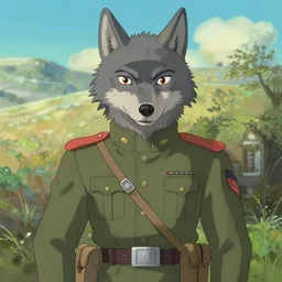 wolf in military uniform, by studio ghibli, lise deharme,