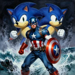 A striking painting of Captain America by Frank Frazetta wild ocean storm at night, a giant Sonic the Hedgehog emerging from, dramatic lighting, extremely high detail, trending on artstation,