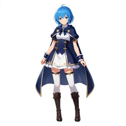 female alchemist with short blue hair wearing a short dress, white stockings, leather boots and cape, character art from Bravely Default 2, videogame, jRPG, character art, digital art, full body, high quality, white background