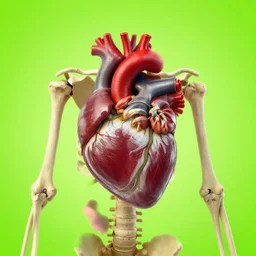 highly detailed skeleton with a heart, lime green background