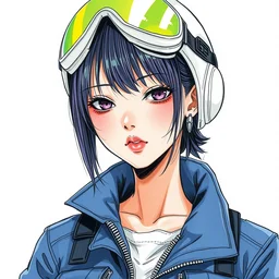 a copic maker realistic manga portrait highly detailed features illustration by yoshiyuki sadamoto and alphons mucha of a japanese girl h wearing streetwear pilot suit lots of zippers, pockets, synthetic materials, jumpsuits by issey miyake and balenciaga 8 k