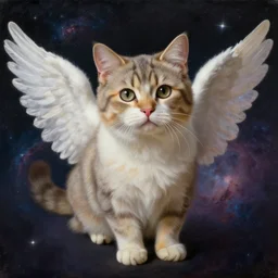 a portrait of a cute beautiful cat with angel wings in the space with nebulae, realistic painting, classical painting, high definition, digital art, matte painting, very detailed, realistic