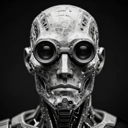 a black and white high quality photo of a male cyborg bust with square jaw and telescopes for eyes, dark fantasy, sharp focus, vibrant, vivid, fractal, highly detailed, symmetry, cinematic concept art, by wlop, tooth wu, alena aenami