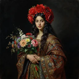 portrait oil painting, a beautiful young dark woman, black dark background, red floral headdress, flowers, holding a bouquet of flowers, long flowing hair, ornate robe, ultra realistic, wide angle, intricate details, artifacts, luminous skies, highly detailed, michael cheval, peter mohrbacher, boris vallejo, jessica rossier, oil painting, highly detailed, cinematic lighting