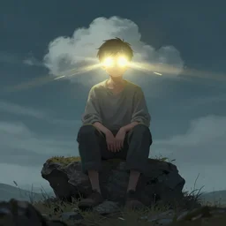 person sitting with light energy coming out of their eyes and mount, digital art, trending on artstation
