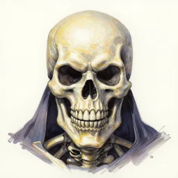 macro head shot centered j scott campbell!!! ink colored airbrushed gouache sketch by j scott campbell centered symmetrical headshot of skeletor in the style ofj scott campbell