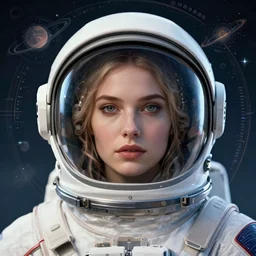 retrofuturistic portrait of a woman in astronaut helmet, planet graphics art in background, close up, dan mumford, liam brazier, peter mohrbacher, xf iq 4, f / 1. 4, iso 2 0 0, 1 / 1 6 0 s, 8 k, raw, featured in artstation, octane render, cinematic, elegant, intricate, 8 k