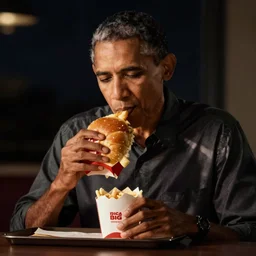 Obama eating a Big Mac at night, studio lighting,