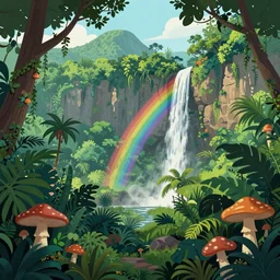 a tropical overgrown forest jungle dense, mountains, cliffs, rainbow, waterfall, mushrooms, by blanca alvarez
