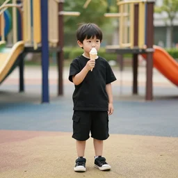 boy with ice cream in the playground, black clothes, leyendecker style, away from the camera s - 2 0 n - 4
