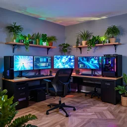 ultimate PC gaming room, LED lights, plants, interior design