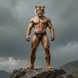 a humanoid muscular man with a tiger mask stands on a rock by greg rutkowski, magic realism, hyper realistic, 2 0 0 mm lens