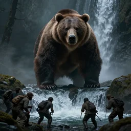 horror picture of a giant grizzly bear looming down at some human poachers near a waterfall, dark fantasy, dnd, extremely detailed, sharp focus, smooth, matte painting, concept art, vaporwave style, chiaroscuro, trending on artstation!!!