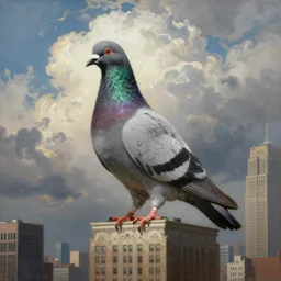 a giant pigeon sitting on a new york building with dynamic clouds!!!!!!!!!!!!!!!!!!!!!!!!!!!, detailed painting, epic lighting, by ilya repin, phil hale and kent williams