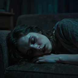 cinematic colorful horror artwork by beksinski, artgerm, stephen king, lovecraft ; real life close up natural portrait of beautiful dove cameron lying down on couch, her eyes closed, living room, midnight ; dark, gloomy, dimly lit dramatic dark rim lighting, tensed, scary, 8 k hdr, creepy intricate ; detailed, haunting