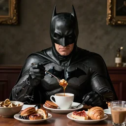 portrait of Batman eating breakfast By Emmanuel Lubezki