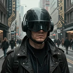 dreary realism portrait of masked cyber punk helmet on the art deco streets of the big city, artstation, award - winning realistic sci - fi concept art by jim burns and greg rutkowski, beksinski, a realism masterpiece, muted color palette, james gilleard, bruegel, alphonse mucha, and yoshitaka amano