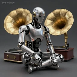by Beksinski , cyborg sitting Infront gramophone, high quality image, denoise
