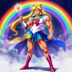 crossdressing magical man in anime style, colorful dress, holding wand, fantasy, smile, illustration, body hair, muscular, full body, workout, male, body builder, digital painting, artstation, simon stalenhag, epic, stunning, rainbows, sailor moon, hdr, highly detailed