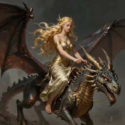 A beautiful Norse Goddess with long flowing blonde hair riding her dragon, fantasy, intricate, elegant, highly detailed, D&D, digital painting, artstation, concept art, matte painting, sharp focus, illustration, extremely moody lighting, glowing light and shadow, atmospheric, shadowy, cinematic, in the style of Greg Rutkowski and Alphonse Mucha and felix kelly