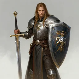 portrait of character holding a paladin engraved longsword and carrying a big shield, concept art, by Greg Rutkowski