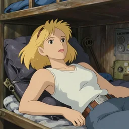 Character portrait of a tank top-clad blonde female airship mechanic resting in her cramped bunk, steampunk, beautiful face, highly detailed, cel shading, anime still, by Studio Ghibli, Alphonse Mucha, Ilya Kuvshinov