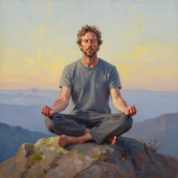 beautiful oil painting of joe rogan meditating at the top of mountain