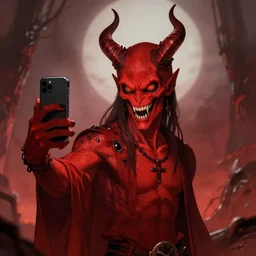 Red Satan with horns takes a selfie in hell, Artstation