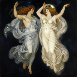 highly detailed painting of gemini god and goddess fully clothed in celestial gowns floating in deep space by tamara de lempicka