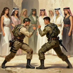 Vibrant ancient historically accurate depiction of the duel Navy SEAL and Arab , girls in the background by frank miller, illustration by Ruan Jia and Mandy Jurgens and William-Adolphe Bouguereau, Artgerm, 4k, digital art, surreal, space dandy style, highly detailed, godsend, artstation, digital painting, concept art, smooth, sharp focus, illustration by Ruan Jia and Mandy Jurgens and William-Adolphe Bouguereau