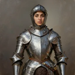 portrait of a proud female Arabic knight wearing plate armor, by Charles Sillem Lidderdale, 4k, brilliant, painterly, realism