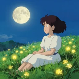 Chaika sitting in a field of Ghibli Clover | Big Moon at Blue Night | GLOWING FLOWERS | strong blue rimlit | visual-key | anime illustration | highly detailed High resolution | in the style of Paint Tool Sai
