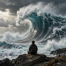 man sitting on a rocky hill looking at mega tsunami waves, massive storm, cinematic, hyper realistic, dramatic light, epic clouds, apocalyptic, john martin, michael bay
