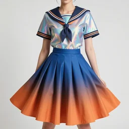 collection intiguing accordion sleeve haute couture, sailor uniform, midi skirt, coated pleats, synthetic curves striking pose, stylized dynamic folds, cute huge pockets, volume flutter, youthful, modeled by modern designer bust, body fitted dart manipulation, picton blue, orange gradient scheme, holographic tones, expert composition, professional retouch, editorial photography