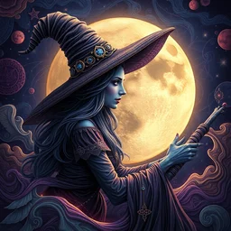 psychadelic moon witch with a witch hat, hyper detailed, flowing psychadelic background intricate and detailed, 8 k, octane render