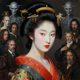 hyper realistic painting portrait of a geisha by wayne barlowe, beksinski, hr giger, austin osman spare, bussiere, roberto ferri, rembrandt, luis ricardo falero