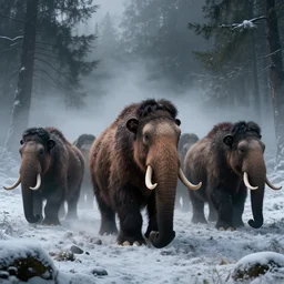 a herd of woolly mammoths emerging from fog, snowy forest, dramatic, cinematic, realistic photograph, ambient, dark shades of colors, unreal engine 5, rendered by octane